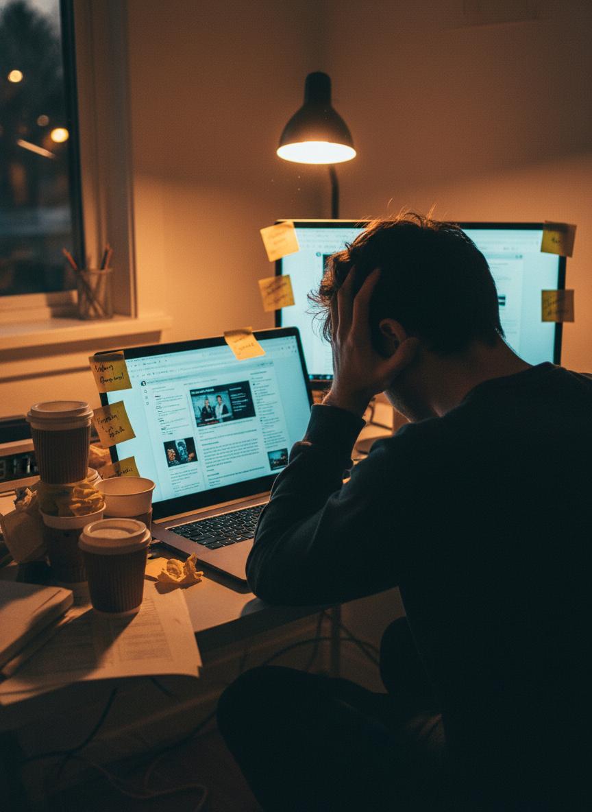 Person overwhelmed at desk late at night